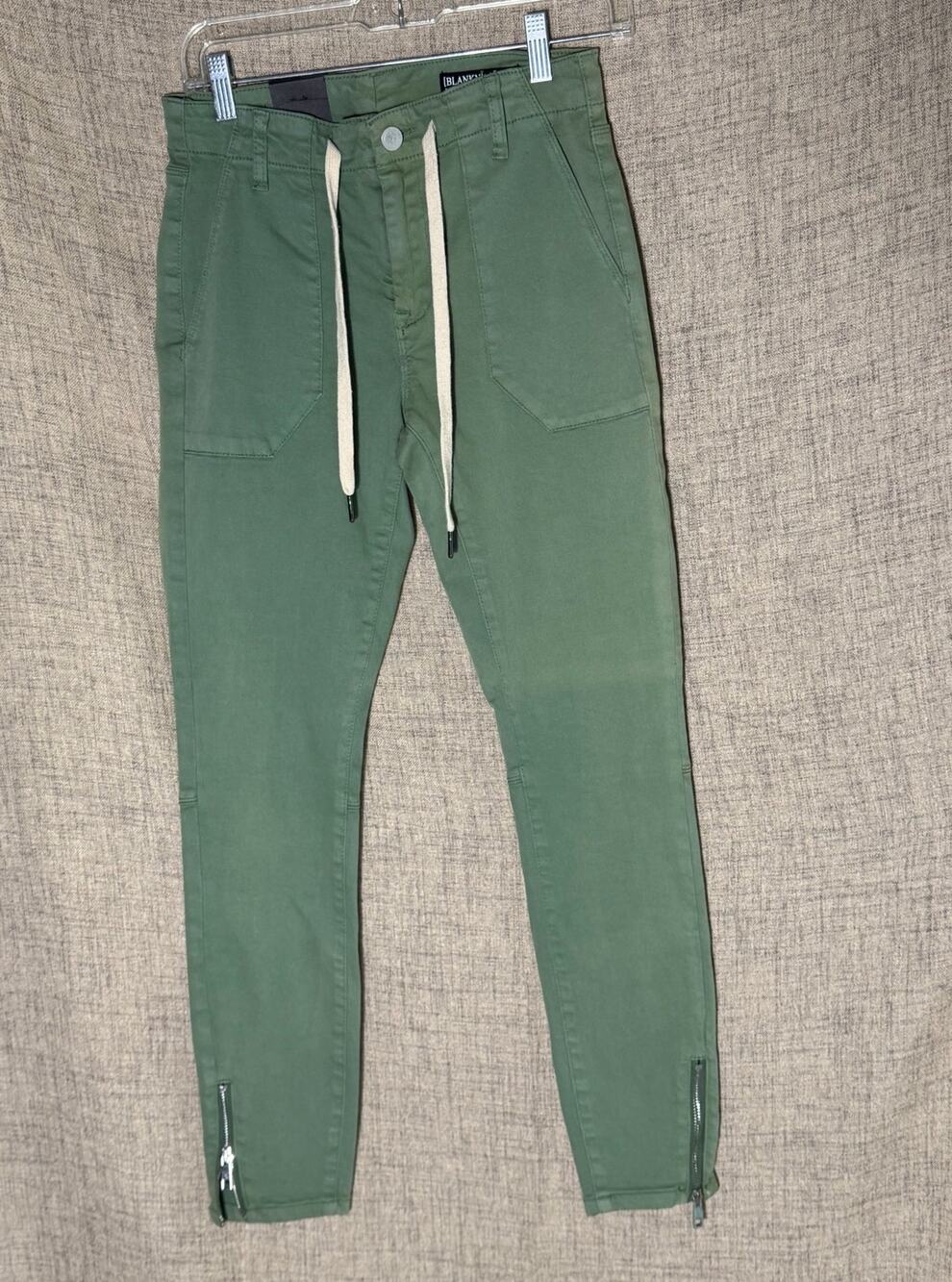 NWT Blank NYC The Bond Mid Rise Skinny Jeans Olive Green Drawstring Zip Ankle 27